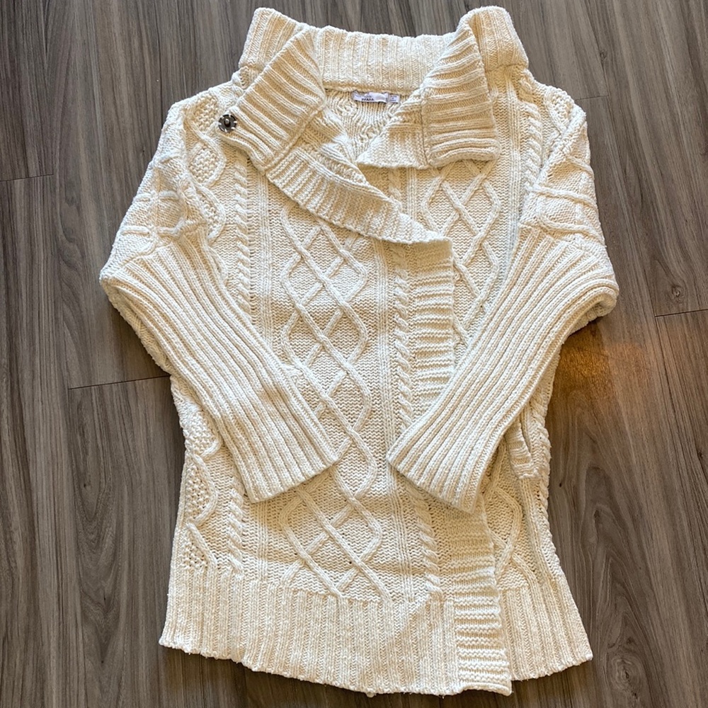 Prana Delaney Duster Sweater with button collar. Color Ivory/Oatmeal. Size S.